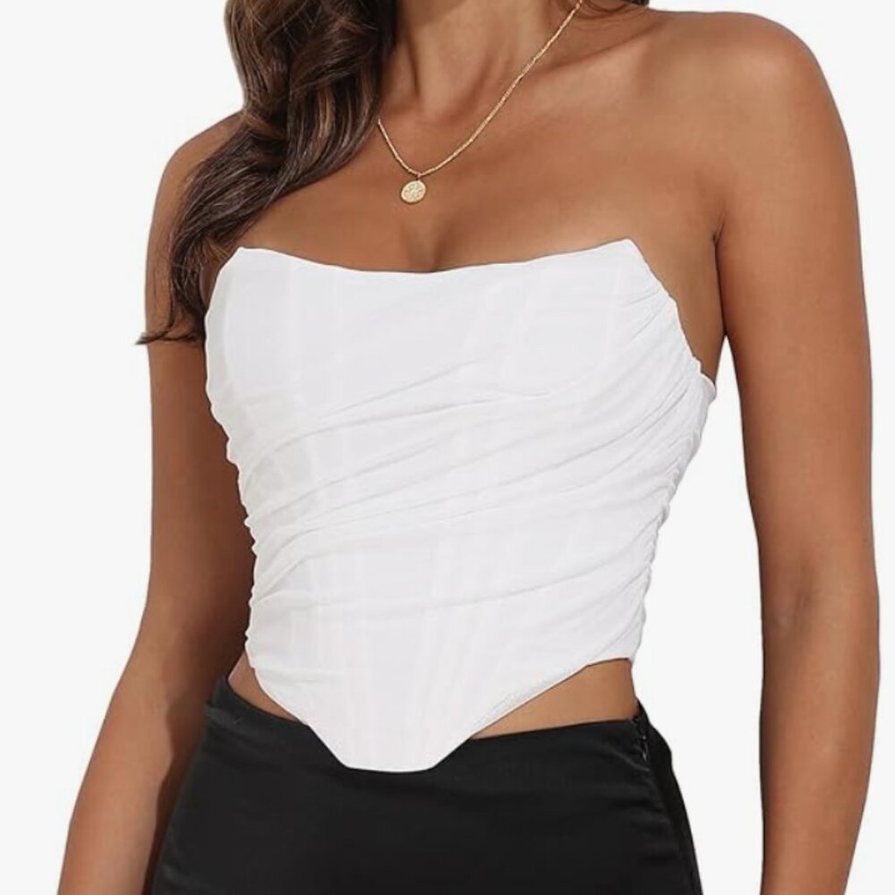 Strapless Boned Mesh Bustier Zip Back Corset Crop Top